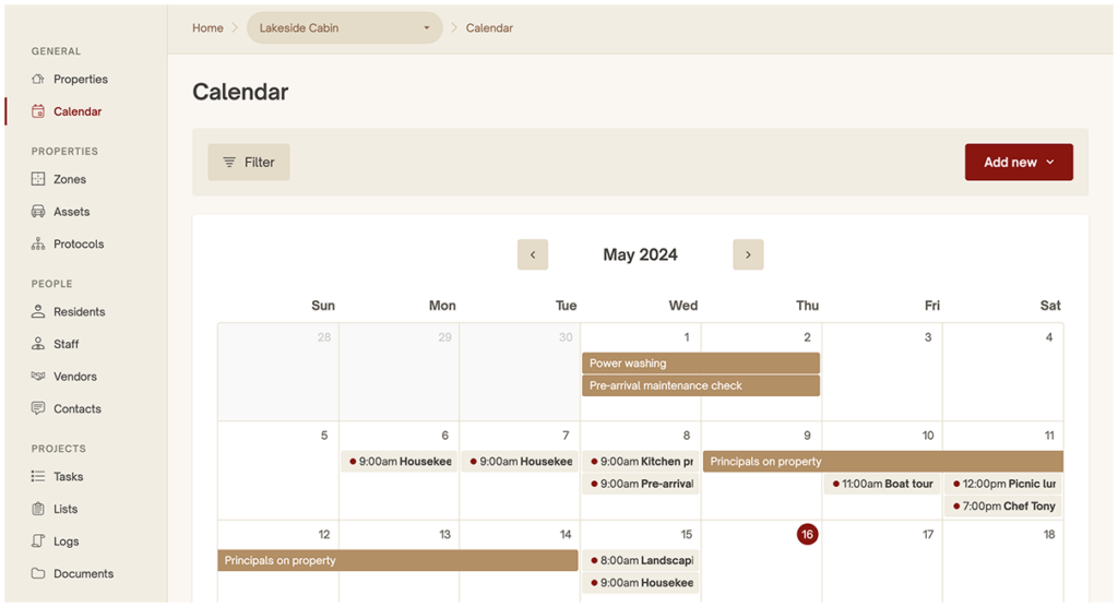 Keep track of events on a centralized property calendar