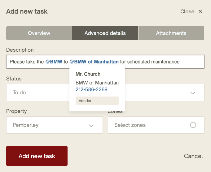 Create a task with at mentions in Nines