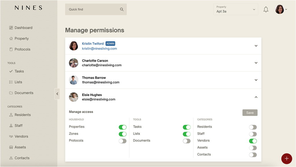 Nines household management software permissions settings