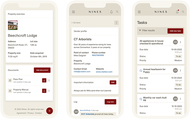 With the Nines app, you can manage property information, log any updates, and assign tasks to vendors and household staff