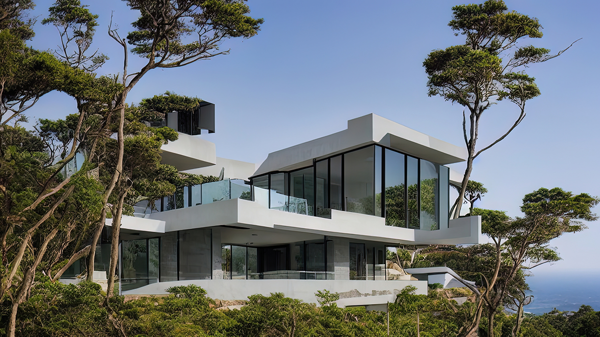 Luxurious modern white villa with a pool in the mountains among tropical trees. Modern architecture of a country house in the mountains.